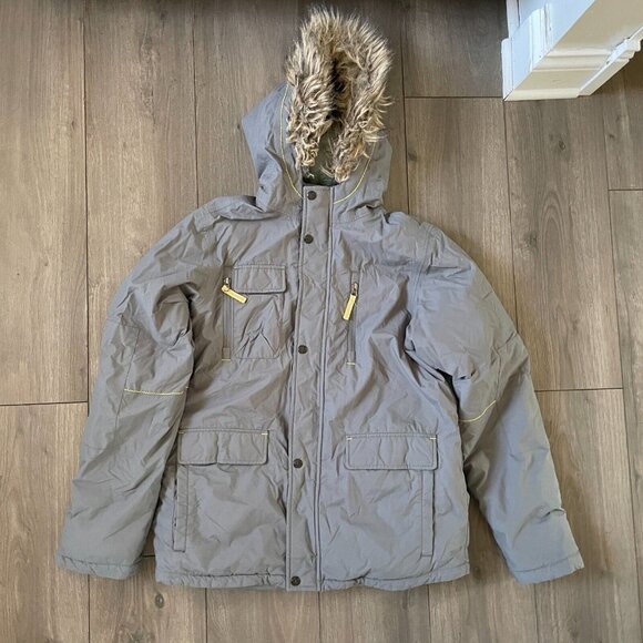 Lands End Kids Down Feather Jacket Size XL 18-20 Gray Faux Fur Hood Insulated - Picture 3 of 16